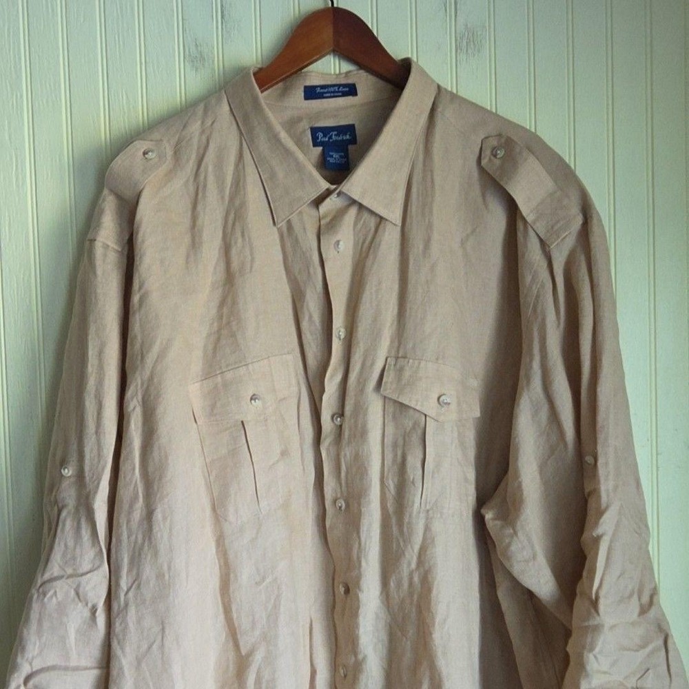 Paul Fredrick Shirt Mens 4XL Beige 100% Linen Long Sleeve Button-Up‎ Casual